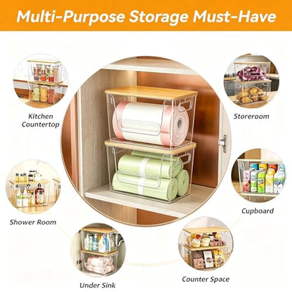 2-Pack Trash Bag Holder Dispenser with Bamboo Lid | Stackable Dispenser, Clear Plastic Organizer for Under Sink, Kitchen, Pantry, Laundry Room, Fits 13, 30, 33 Gallon Bags - size: 2 Pack