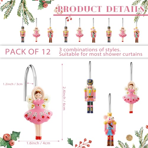 Colingmill 12 Pcs Christmas Nutcracker Shower Curtain Hooks Xmas Pink Nutcracker Shower Curtain Hooks Holiday Bathroom Rust Resistant Decor Rings for Winter Bathroom Bedroom Farmhouse Decorations - style: Nutcracker