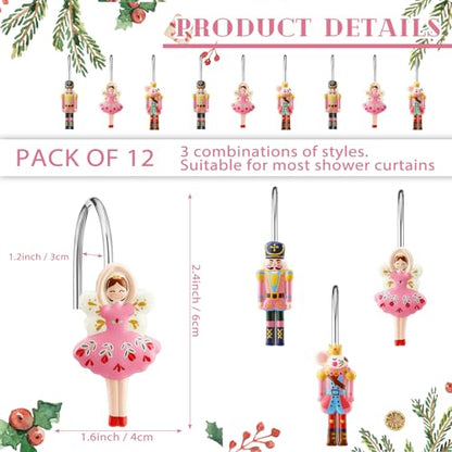 Colingmill 12 Pcs Christmas Nutcracker Shower Curtain Hooks Xmas Pink Nutcracker Shower Curtain Hooks Holiday Bathroom Rust Resistant Decor Rings for Winter Bathroom Bedroom Farmhouse Decorations - style: Nutcracker