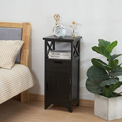 Assembled 30in Height Nightstand, Pre- Assembled Bathroom Floor Cabinet with Shelf and Storage Drawer, Black Tall End Table No Assembly Chest for Living Room Bedroom | Solid Wood, 30" Height No Assembly Bathroom Cabinet, Pre-Assembled Side Table & End Tab