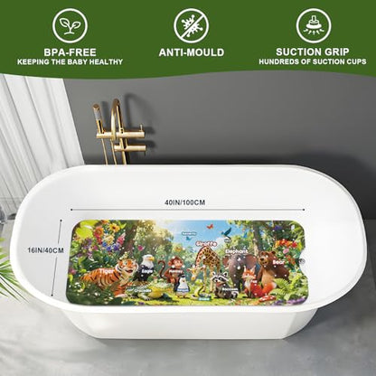 Bath Tub Mat Non Slip Bath Mat Shower Mat for Baby Adults, BPA Free Extra Long Bathtub Mat, 40x16 Inches Eco-Friendly Kids Bath Mats with Suction Cups and Drain Holes, Machine Washable,Animals - color: Education