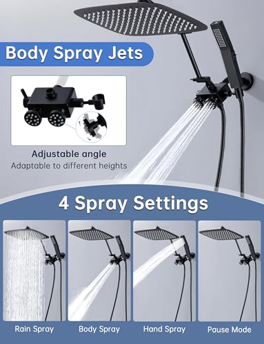 All Metal 12 Inch Rain Head with Body Spray Jets and Handheld (Matte Black) | All Metal Construction, Equipped with Body Spray Jets, 14 Inch Adjustable Extension Arm,Power Wash Function Hand Shower - color: Matte Black