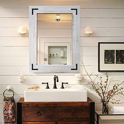 Rustic Wooden Framed Wall Mirror, Natural Wood Bathroom Vanity Mirror for Farmhouse Decor, Vertical or Horizontal Hanging - color: White Grey, size: 40"L x 30"W