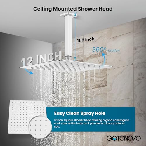 gotonovo Ceiling Shower System with Handheld Polished Chrome,12 inch Head | Ceiling Mount Bathroom Shower Faucet Set,SUS304 Rainfall Head and Handle Set Combo,Brass Valve Trim Kit,All Metal - color: Chrome, size: 12 inch Head