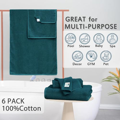 VOOVA & MOVAS 6PC Towel Set, 100% Cotton, Deep Turquoise Dark Teal | 2 Large Bath 30x56 In, 2 Hand 18x28 In, 2 Washcloths 13x13 In, Soft, Quick Dry, Thick, Guest Towel Set, Gift Towel - color: Deep Turquoise, size: 6 PC Bathroom Towel Set