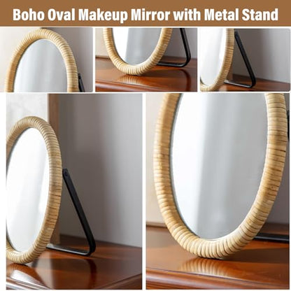 Vanity Table Desk Rattan Mirror 11.8'' x 7.8'',Boho Oval Makeup Mirror with Metal Stand,Portable Small Standing Countertop Mirror,Room Decor for Dresser,Tabletop, Bathroom,Bedroom,Living Room,Office