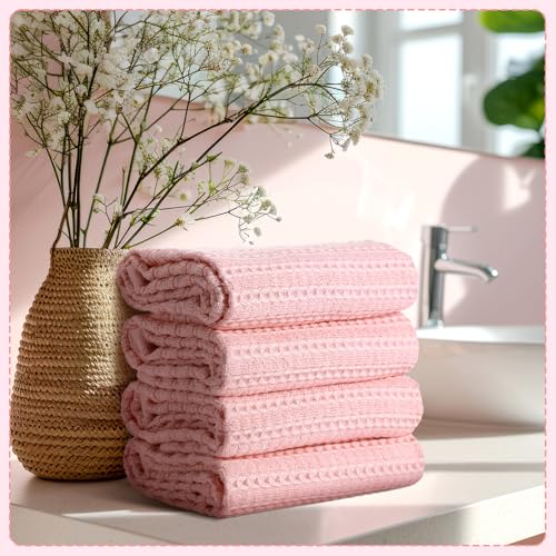 4 Pack Pink Hand Towels Waffle 100% Cotton 13x29 Inch | Soft Absorbent Bathroom Kitchen Use, Waffle Texture Quick Dry, Durable Cotton Washcloths Ideal for Guests Daily Needs - color: Pink