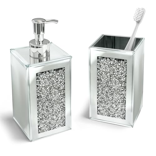 2Pcs Silver Bathroom Set, Mirror Finish & Diamond Accent Soap Holder,Modern | High polish mirror glass, sparkling diamond accents, sleek silhouette, stain proof surface, easy to clean, generous capacity - color: Silver
