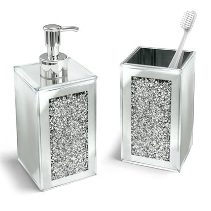 2Pcs Silver Bathroom Set, Mirror Finish & Diamond Accent Soap Holder,Modern | High polish mirror glass, sparkling diamond accents, sleek silhouette, stain proof surface, easy to clean, generous capacity - color: Silver