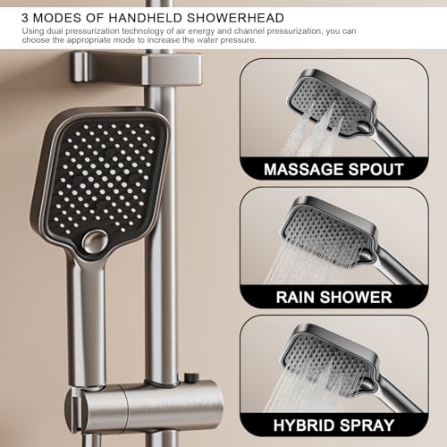 Shower Faucet Sets Complete Thermostatic Shower System Piano-Key Digital Shower Combo Wall Mounted Shower Trim Kit with 11.8" Rain Shower Head,4.5" Shower Head 2 in 1 Handheld Tub Spout (Gray)