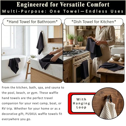 PÜSKÜL Natural 100% Turkish Cotton Waffle Kitchen and Hand Towels, 3-Piece | Black, 32x16" Large, Premium 3D Honeycomb Weave Soft Absorbent Quick-Dry Lint-Free Dish Towel, Oeko-Tex Made in Turkey - color: Black, size: Kitchen & Hand Towels Pack of 3