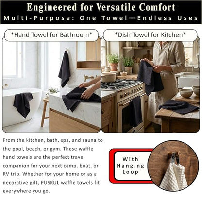 PÜSKÜL Natural 100% Turkish Cotton Waffle Kitchen and Hand Towels, 3-Piece | Black, 32x16" Large, Premium 3D Honeycomb Weave Soft Absorbent Quick-Dry Lint-Free Dish Towel, Oeko-Tex Made in Turkey - color: Black, size: Kitchen & Hand Towels Pack of 3