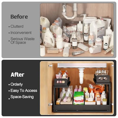 Expandable under cabinet organizer, 2-Tier under sink organizer with Reinforced Ball-Bearing slide rail, Slide-Out sink Shelf Height Adjustable, Durable and rust-proof for Kitchen & Bathroom