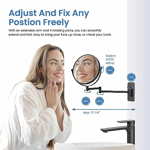 Circular Wall Mount Makeup Mirror, Dual-Sided 1x/5x Magnifying Mirror with Extendable Arm, 360° Swivel, Solid Brass Construction for Durability and Style (Matte Black - KMM100) - color: Matte Black