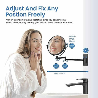 Circular Wall Mount Makeup Mirror, Dual-Sided 1x/5x Magnifying Mirror with Extendable Arm, 360° Swivel, Solid Brass Construction for Durability and Style (Matte Black - KMM100) - color: Matte Black