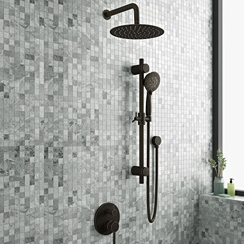Refuge Rain Shower Head with Handheld Spray Combo - Oil-Rubbed Bronze Finish - 10" Rainfall Shower Head with Handheld Combo | Adjustable Slide Bar | 5-Function Handshower | Tru-Temp Valve | 1.8 GPM - color: Oil Rubbed Bronze, size: 1.8 GPM