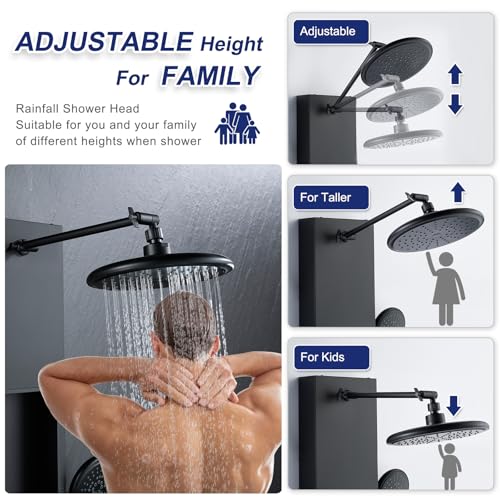 ROVATE Shower Panel Tower System with Shelf & 6 Body Jets, Matte Black | Stainless Steel Shower Column with Height Adjustable Shower Arm, Self-Cleaning Rainfall Shower & Handheld, Mixing Valve Body - color: Matte Black