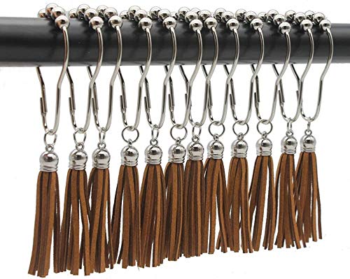 Shower Curtain Hooks Rings, 304 Stainless Steel Shower Curtain Rust Resistant Hooks for Bathroom Shower Rods Set of 12 (Brown) - color: Brown