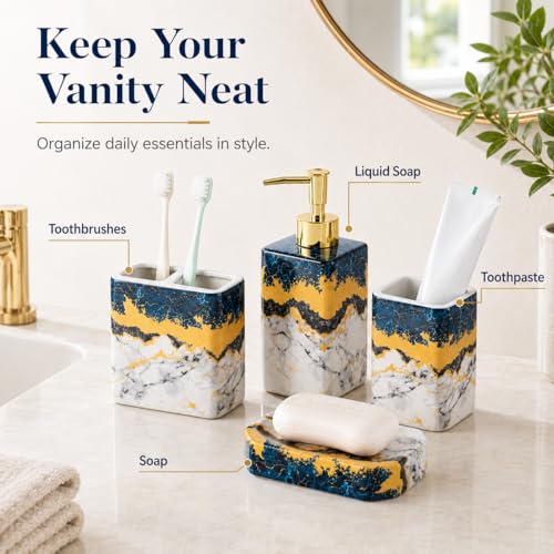 4 Piece Bathroom Accessories Set - Blue Bathroom Accessory Sets Includes Lotion Dispenser, Toothbrush Holder Tumbler, and Soap Dish - Glossy Finish (Marble, Blue) - color: Blue