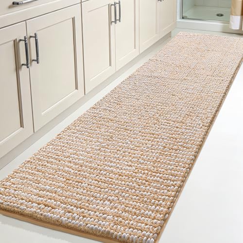 Luxury Chenille Bathroom Rugs Non Slip 60" x24", Extra Soft Absorbent Striped Bath Mats for Bathroom, Machine Washable Quick Dry Shower Floor Rug, Home Decor Accessories, Beige & White - color: Beige & White, size: 2' x 5' (Runner)