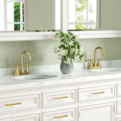 Brushed Gold Bathroom Faucet, Hurran 4 inch Centerset 2-Handle Lead-Free | Bathroom Sink Faucet with Pop-up Drain and Supply Lines, Stainless Steel Faucet for Vanity RV Restroom Laundry Outdoor Sink - color: Brushed Gold