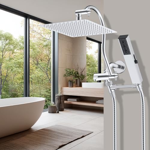 Hibbent All Metal cUPC Certified Shower Head, 12'' High Pressure Rainfall Shower Head, Showerhead Combo, Handheld Shower Wand, 12'' Adjustable Extension Arm, 4-Spray, 71'' Hose, Shower Holder, Chrome - color: Chrome, style: Square 12''