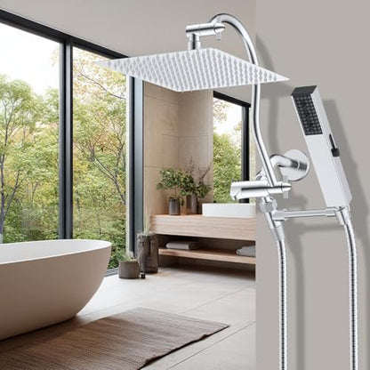 Hibbent All Metal cUPC Certified Shower Head, 12'' High Pressure Rainfall Shower Head, Showerhead Combo, Handheld Shower Wand, 12'' Adjustable Extension Arm, 4-Spray, 71'' Hose, Shower Holder, Chrome - color: Chrome, style: Square 12''