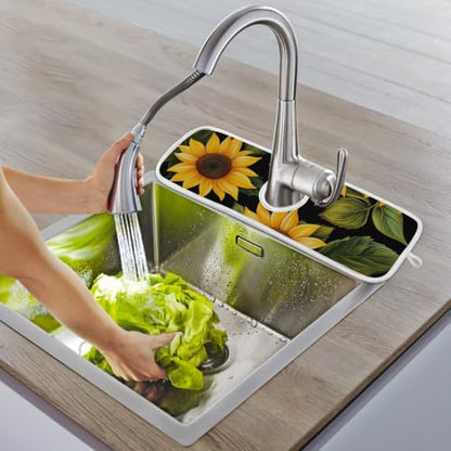Sink Splash Guard Behind Faucet Mat for Kitchen Drain Mats Handle Drip Catcher Tray for Bathroom 30 inch Dish Drying Pad Sunflower Black Microfiber Pack of 2 - size: L30x5.5in x2