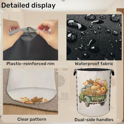 Fall Pumpkin Truck Large Clothes Hamper Bag - Laundry Basket with Handles, Space Saving Foldable Design for Nursery - color: Fall Pumpkin Truck