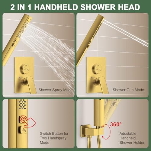 Gold Shower Faucet Set, Home Shower System with 3-Setting Push Button Diverter, 12" Ceiling Rain Shower Head & 6" Wall Mount Shower Head, 2-in-1 Handheld, Shower Valve Trim Kit - color: Brushed Gold
