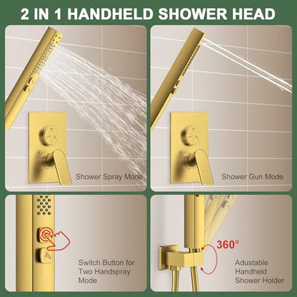 Gold Shower Faucet Set, Home Shower System with 3-Setting Push Button Diverter, 12" Ceiling Rain Shower Head & 6" Wall Mount Shower Head, 2-in-1 Handheld, Shower Valve Trim Kit - color: Brushed Gold