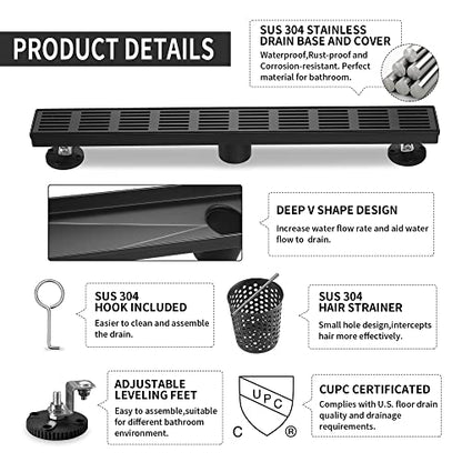 Linear Shower Drain 32 Inch,Rectangular Shower Drain SUS-304 Stainless Steel, 51L/Min Fast Drainage Floor Linear Drain, US Standard CUPC Certified, Matte Black, SD-109 - color: Matte Black, size: 32 Inch