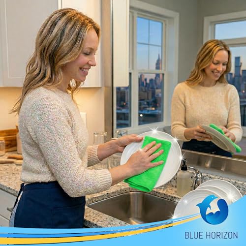 Blue Horizon Microfiber Cleaning Towels, Pack of 24, Ultra Soft Plush Washcloth, All Purpose Premium Microfiber Detailing Cleaning Cloths Reusable Shop Towels (16" x 16", Green) - color: Green