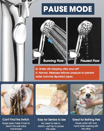 Handheld Shower Head with 6.56ft Extra Long Hose, On Off Switch 8-Seting High Preesure Hand Held Showerhead, Low-Reach Adhesive Holder for Kid, Disable& Elder (Chrome) - color: Chrome
