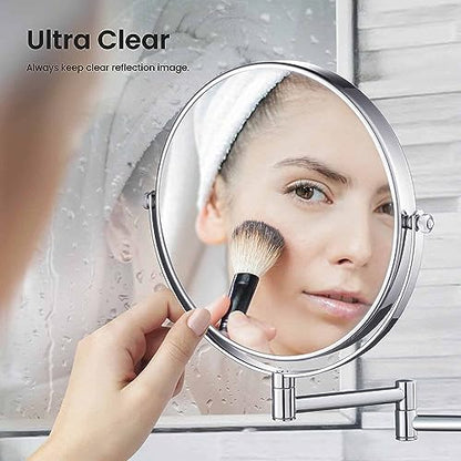 Circular Wall Mount Makeup Mirror, Dual-Sided 1x/5x Magnifying Mirror with Extendable Arm, 360° Swivel, Solid Brass Construction for Durability and Style (Chrome, KMM100) - color: Chrome