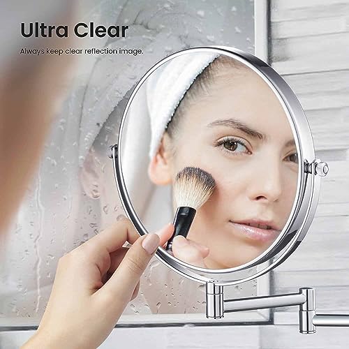 Circular Wall Mount Makeup Mirror, Dual-Sided 1x/5x Magnifying Mirror with Extendable Arm, 360° Swivel, Solid Brass Construction for Durability and Style (Chrome, KMM100) - color: Chrome