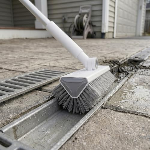 V-Shaped Floor Scrub Brush with Long Handle, Heavy-Duty Stiff Bristle Grout Cleaning Brush, 180° Rotating Tile Scrubber for Bathroom, Shower, Kitchen, Garage, Patio, Deck & Concrete Floors - color: New White Grey