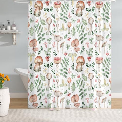 Mushroom and Fern Leaves Shower Curtain, Waterproof Fabric Cute Plant Botanical Bathroom Shower Curtain, 72 x 72 Inch - color: White Mushroom, size: 72"W x 72"L (Pack of 1)