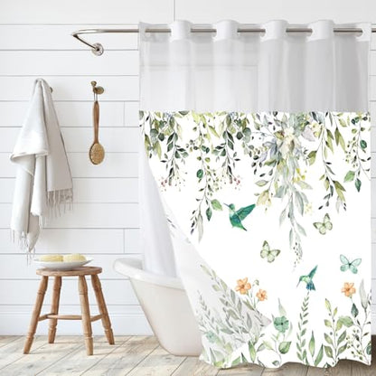 Sage Green Eucalyptus No Hook Shower Curtain with Snap in Liner- Hummingbird Shower Curtains for Bathroom- Fabric Inner Liner, Garden Butterflies Bath Curtains- Machine Washable,71 x 74 - color: Green Hummingbird
