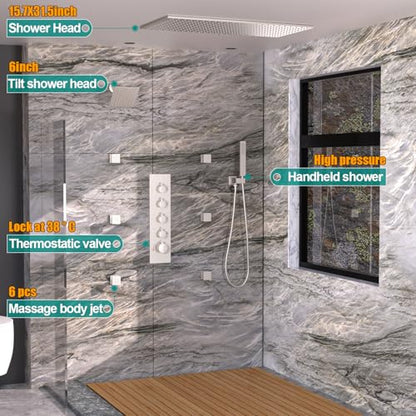 HOMEDEC Full Body Shower System with Dual Shower Heads, 6pcs Body Jets with 15.7x31.5" Rainfall and 6" Showerheads, Brushed Nickel - color: Brushed Nickel, style: 4-Way + 1x 6" Top
