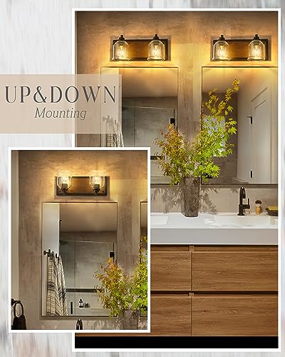 16" 2-Light Farmhouse Bathroom Vanity Light with Bubble Glass, Brown | Farmhouse Rustic style, Metal base with hand-painted wood grain, E26 Ceramic Base(no bulb), UL&ETL, mount up/down,over mirror - color: Brown, size: 2-Light