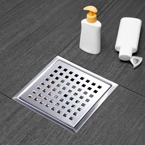Square Shower Drain Silver Brushed 6 in with Removable Grid Panel | AISI 304 Stainless Steel Shower Floor Drain with Detachable Hair Catcher Flange Lifting Hook Fits Bathroom Balcony Kitchen - color: Stainless Steel, size: 6 inch+Base