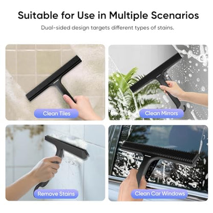 Shower Squeegee for Shower Glass Door Bathroom | Dual Head Wiper Cleans Water & Hair, Silicone Blade, Non-Slip Long Handle, Glass Window Door Wall Tile Cleaner
