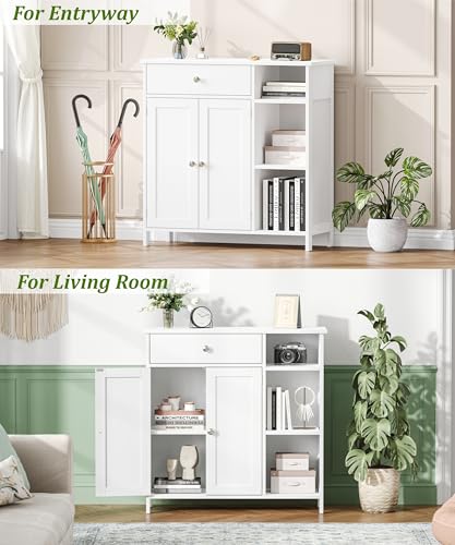 Keehusux White Cabinet with Large Drawer, Floor Bathroom Storage Cabinet with Doors & Adjustable Shelves, Modern Storage Cupboard with 3 Open Space for Living Room, Entryway, Dining Room