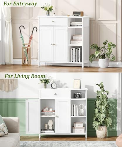 Keehusux White Cabinet with Large Drawer, Floor Bathroom Storage Cabinet with Doors & Adjustable Shelves, Modern Storage Cupboard with 3 Open Space for Living Room, Entryway, Dining Room