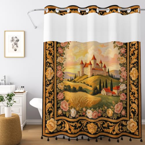 Vintage Castle Shower Curtain with Snap in Liner & Tassels, 71Wx77L | No Hook Needed, Double Layer Waterproof Fabric with Mesh Top, Baroque Floral & Country Landscape Design for Luxury Bathroom - color: Royal Castle