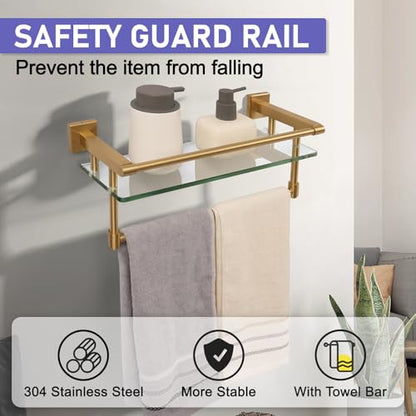 Bathroom Glass Shelf Brushed Gold Finish with Towel Rack, SUS304 Stainless Steel, 16-inch Tempered Glass Shelves for Wall - color: Brushed Gold, size: 16-inch with Railing