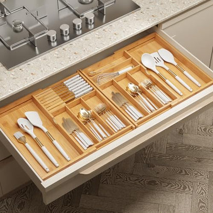 BAMEOS Expandable Silverware Drawer Organizer with Removable Knife Blocks, Bamboo Kitchen Utensil Holder from 21" to 36", Large Cutlery Tray with Divider for Forks, Spoons, Knives - size: 2''H 17x36