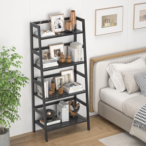 Bamboo Bookshelf 4-Tier Ladder Shelf, 49.2” Freestanding Open Bookcase Book Shelf Bathroom Storage Shelf Unit Plant Stand for Small Space, Living Room, Bedroom, Home Office, Black - color: Black
