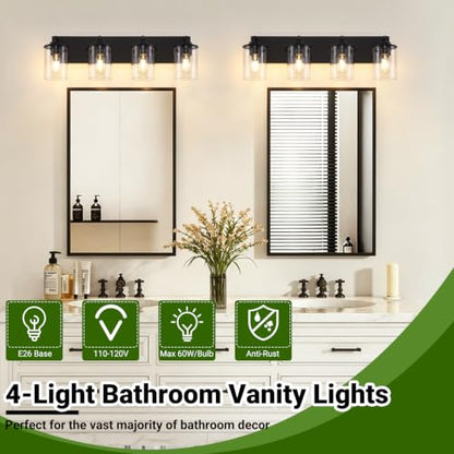 4-Light Bathroom Lighting Fixtures Over Mirror, Matte Black Bathroom Vanity Lights with Clear Glass Shade, Modern Vanity Lighting Fixtures for Living Room, Bedroom, Hallway - size: 4-Light